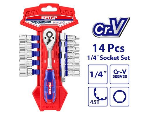 Набор головок 1/4" с трещоткой 14шт Emtop ESKT14141