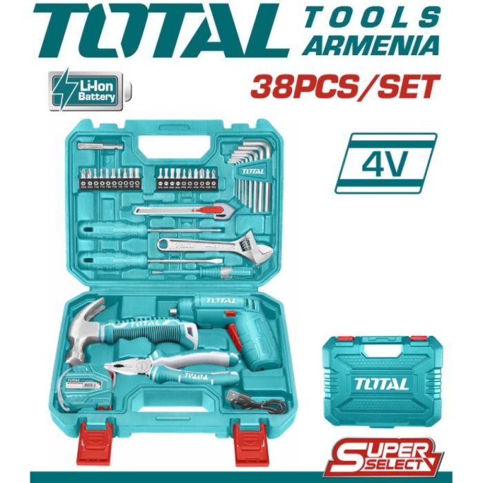 Գործիքների հավաքածու 38 կտոր 4V պտուտակահանով TOTAL THKTHP10386 33930