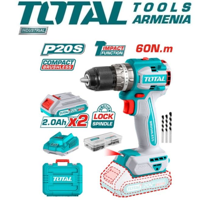 Lithium-Ion compact brushless impact drill 20V / 2Ah / 60Nm (TIDLI20602)