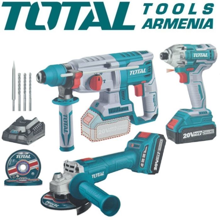 Լիթիում իոնային 20V գործիքների հավաքածու 3 կտոր 4A մարկոցով TOTAL TOSLI2301515 33925